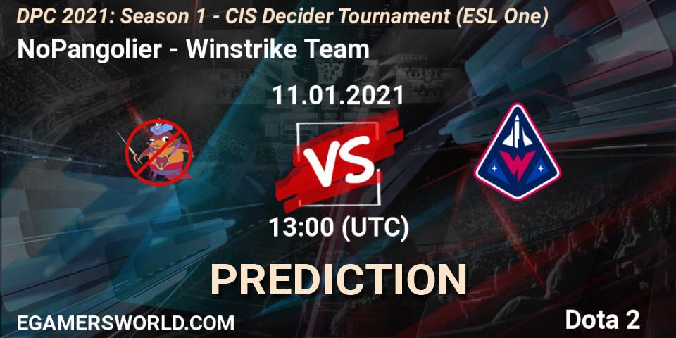 Pronósticos NoPangolier - Winstrike Team. 11.01.2021 at 13:00. DPC 2021: Season 1 - CIS Decider Tournament (ESL One) - Dota 2