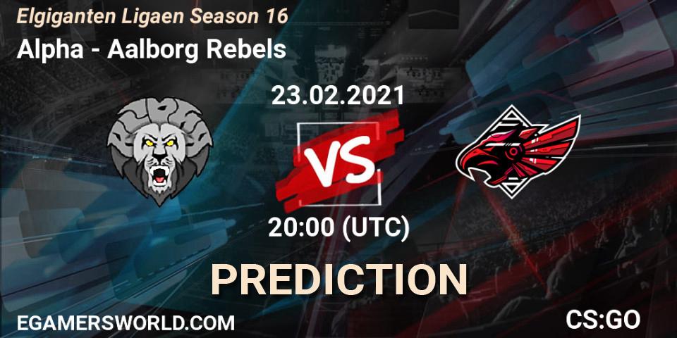 Pronósticos Alpha - Aalborg Rebels. 23.02.2021 at 20:00. Elgiganten Ligaen Season 16 - Counter-Strike (CS2)