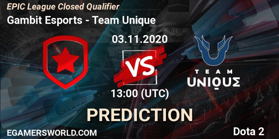 Pronósticos Gambit Esports - Team Unique. 03.11.2020 at 15:00. EPIC League Closed Qualifier - Dota 2