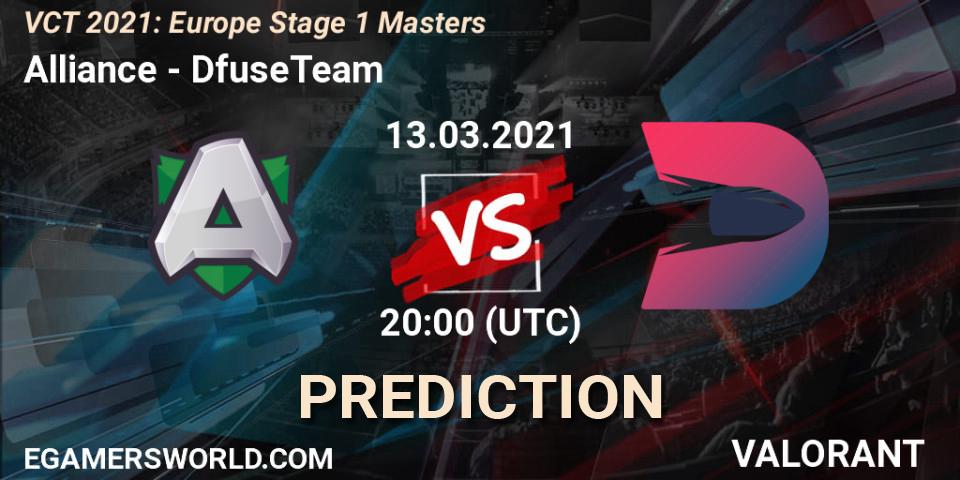 Pronósticos Alliance - DfuseTeam. 13.03.2021 at 19:00. VCT 2021: Europe Stage 1 Masters - VALORANT