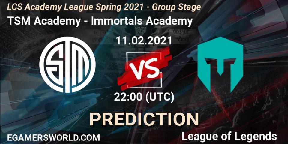 Pronósticos TSM Academy - Immortals Academy. 11.02.2021 at 22:00. LCS Academy League Spring 2021 - Group Stage - LoL