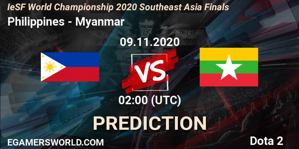 Pronósticos Philippines - Myanmar. 09.11.2020 at 02:00. IeSF World Championship 2020 Southeast Asia Finals - Dota 2