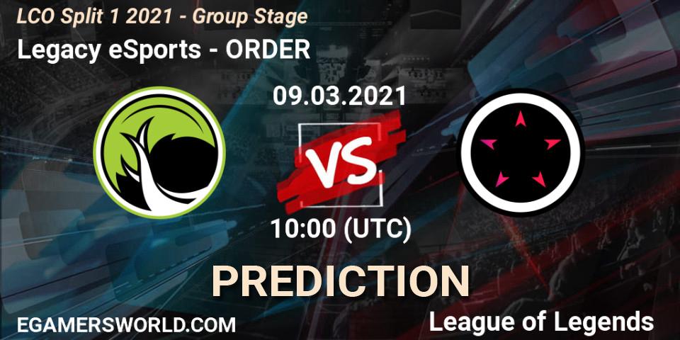 Pronósticos Legacy eSports - ORDER. 09.03.2021 at 10:00. LCO Split 1 2021 - Group Stage - LoL
