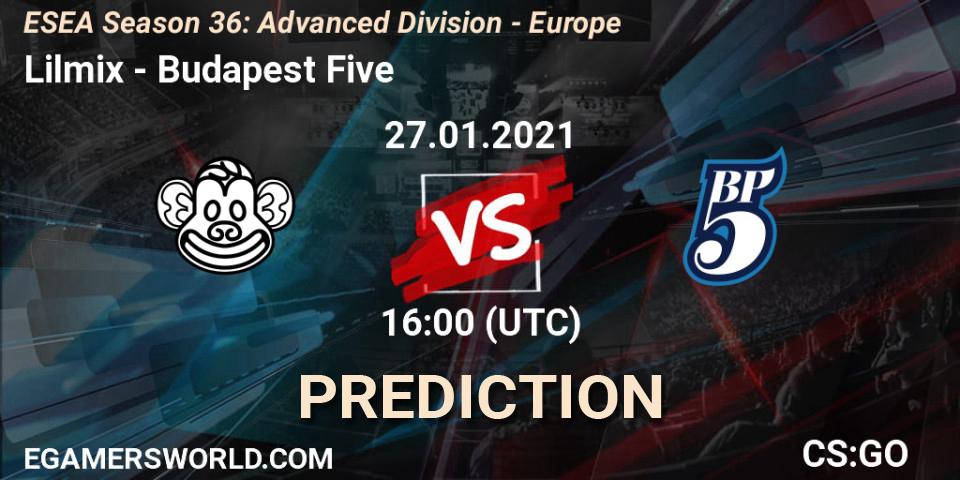 Pronósticos Lilmix - Budapest Five. 27.01.2021 at 18:00. ESEA Season 36: Europe - Advanced Division - Counter-Strike (CS2)