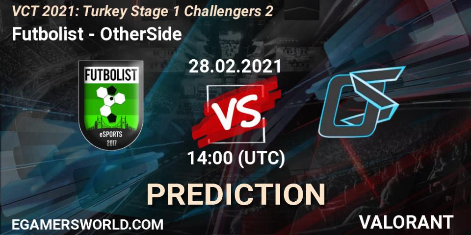Pronósticos Futbolist - OtherSide. 28.02.2021 at 14:00. VCT 2021: Turkey Stage 1 Challengers 2 - VALORANT