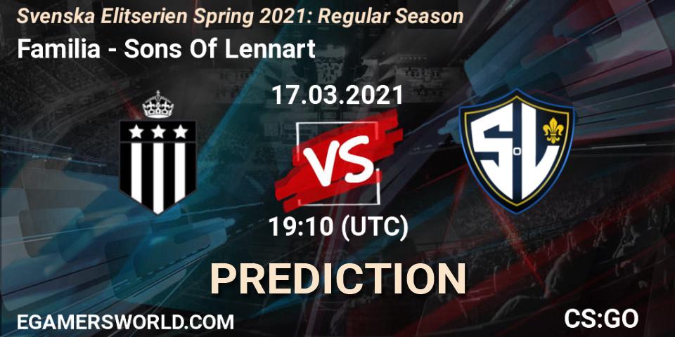 Pronósticos Familia - Sons Of Lennart. 17.03.2021 at 19:10. Svenska Elitserien Spring 2021: Regular Season - Counter-Strike (CS2)