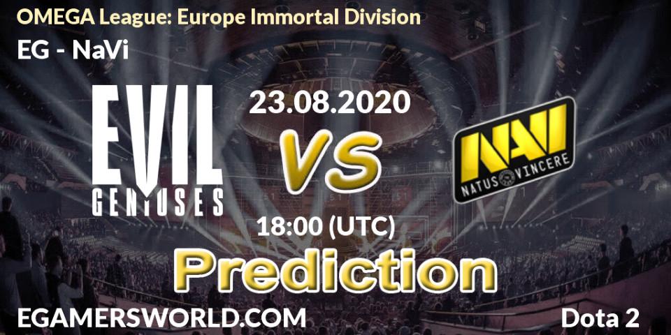 Pronósticos EG - NaVi. 23.08.2020 at 16:21. OMEGA League: Europe Immortal Division - Dota 2