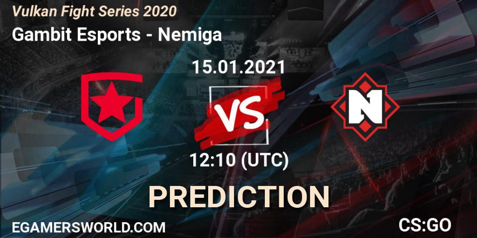 Pronósticos Gambit Esports - Nemiga. 15.01.2021 at 12:10. Vulkan Fight Series 2020 - Counter-Strike (CS2)