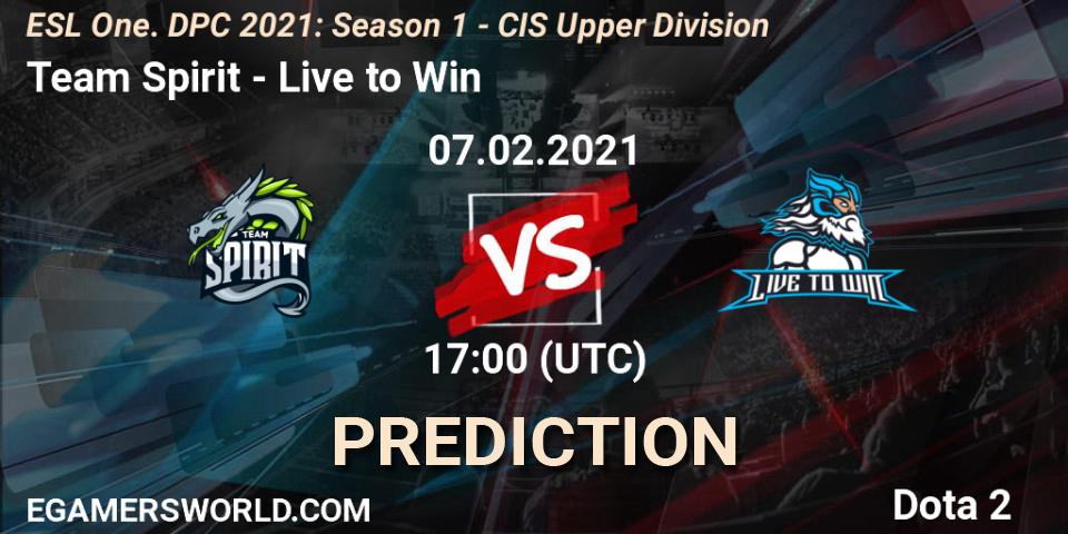 Pronósticos Team Spirit - Live to Win. 07.02.2021 at 16:56. ESL One. DPC 2021: Season 1 - CIS Upper Division - Dota 2