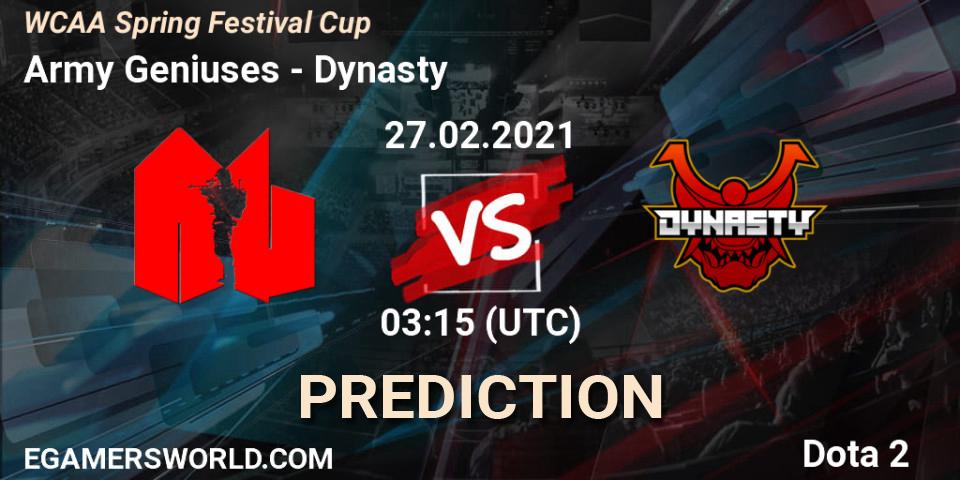 Pronósticos Army Geniuses - Dynasty. 27.02.2021 at 03:17. WCAA Spring Festival Cup - Dota 2