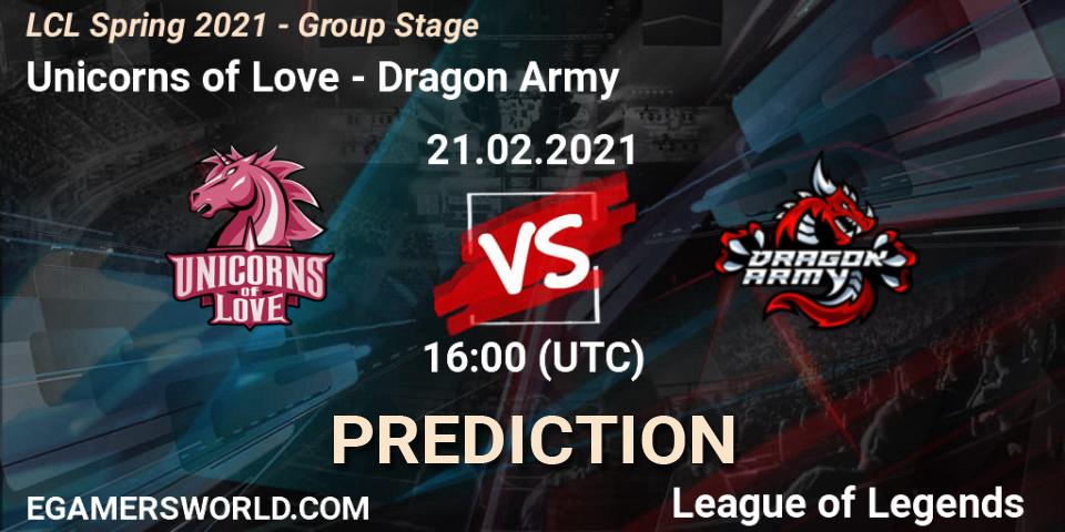 Pronósticos Unicorns of Love - Dragon Army. 21.02.2021 at 16:00. LCL Spring 2021 - Group Stage - LoL