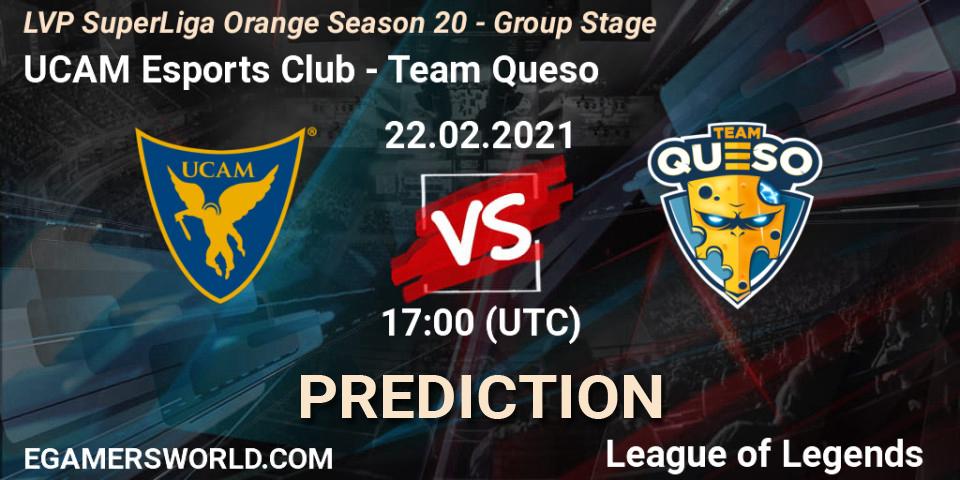 Pronósticos UCAM Esports Club - Team Queso. 22.02.2021 at 17:00. LVP SuperLiga Orange Season 20 - Group Stage - LoL