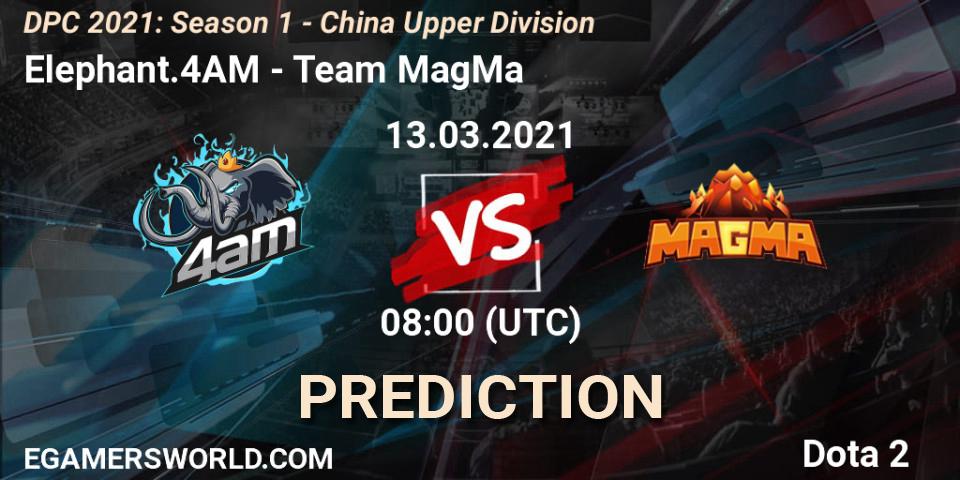 Pronósticos Elephant.4AM - Team MagMa. 13.03.2021 at 08:02. DPC 2021: Season 1 - China Upper Division - Dota 2