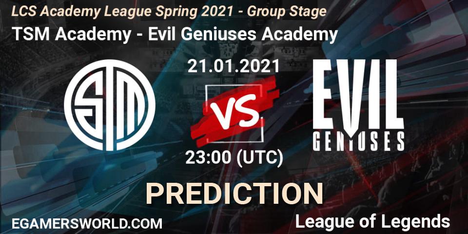 Pronósticos TSM Academy - Evil Geniuses Academy. 21.01.2021 at 23:15. LCS Academy League Spring 2021 - Group Stage - LoL