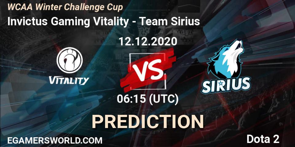 Pronósticos Invictus Gaming Vitality - Team Sirius. 12.12.2020 at 06:16. WCAA Winter Challenge Cup - Dota 2