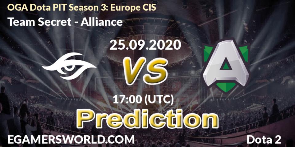 Pronósticos Team Secret - Alliance. 25.09.2020 at 16:43. OGA Dota PIT Season 3: Europe CIS - Dota 2