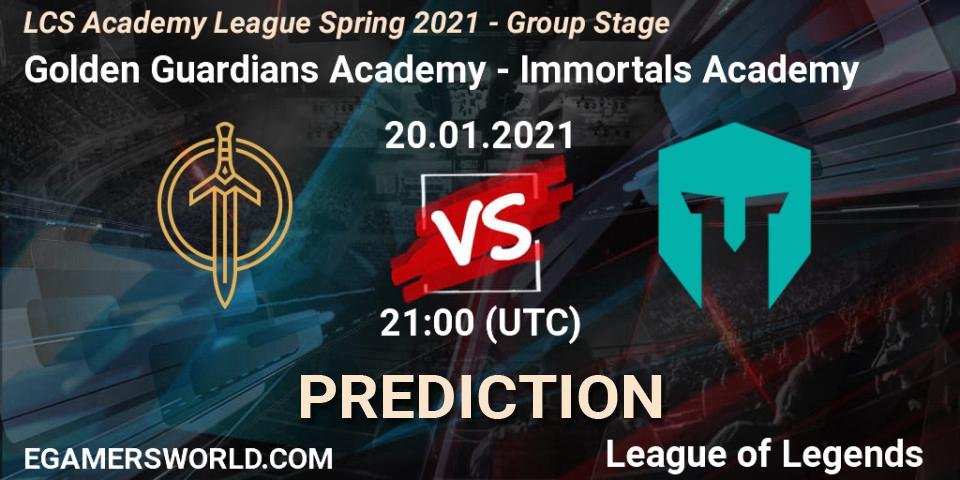 Pronósticos Golden Guardians Academy - Immortals Academy. 20.01.2021 at 21:00. LCS Academy League Spring 2021 - Group Stage - LoL