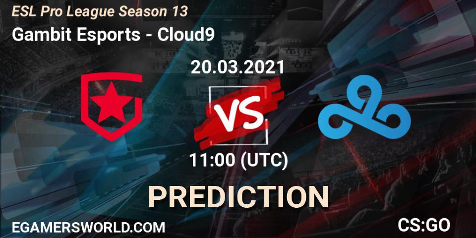Pronósticos Gambit Esports - Cloud9. 20.03.2021 at 11:00. ESL Pro League Season 13 - Counter-Strike (CS2)