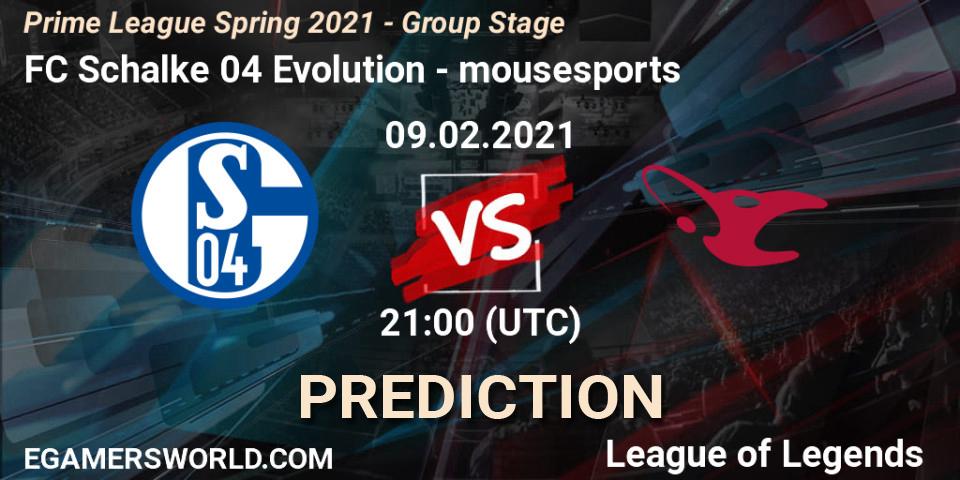 Pronósticos FC Schalke 04 Evolution - mousesports. 09.02.2021 at 20:15. Prime League Spring 2021 - Group Stage - LoL