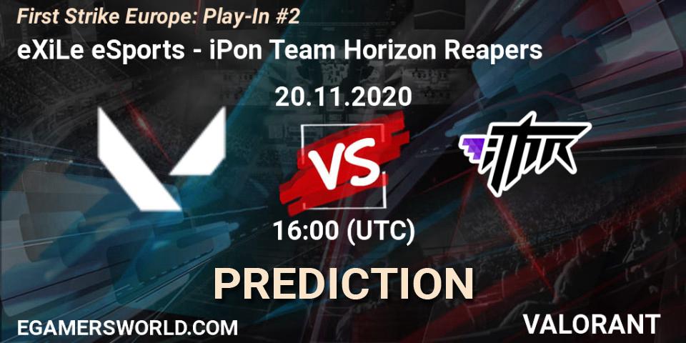 Pronósticos eXiLe eSports - iPon Team Horizon Reapers. 20.11.2020 at 16:00. First Strike Europe: Play-In #2 - VALORANT