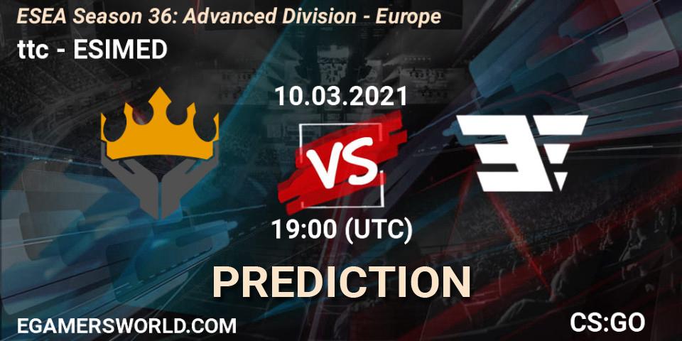 Pronósticos ttc - ESIMED. 10.03.2021 at 19:00. ESEA Season 36: Europe - Advanced Division - Counter-Strike (CS2)