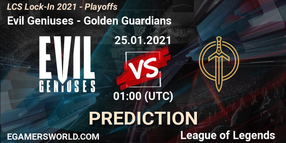 Pronósticos Evil Geniuses - Golden Guardians. 24.01.2021 at 20:36. LCS Lock-In 2021 - Playoffs - LoL