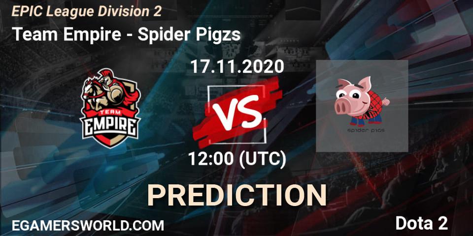 Pronósticos Team Empire - Spider Pigzs. 17.11.2020 at 11:07. EPIC League Division 2 - Dota 2