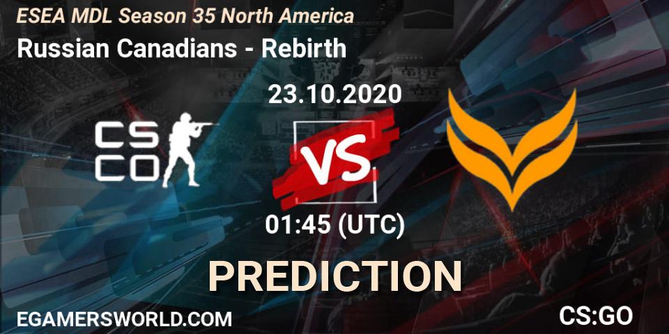 Pronósticos Russian Canadians - Rebirth. 31.10.2020 at 01:00. ESEA MDL Season 35 North America - Counter-Strike (CS2)