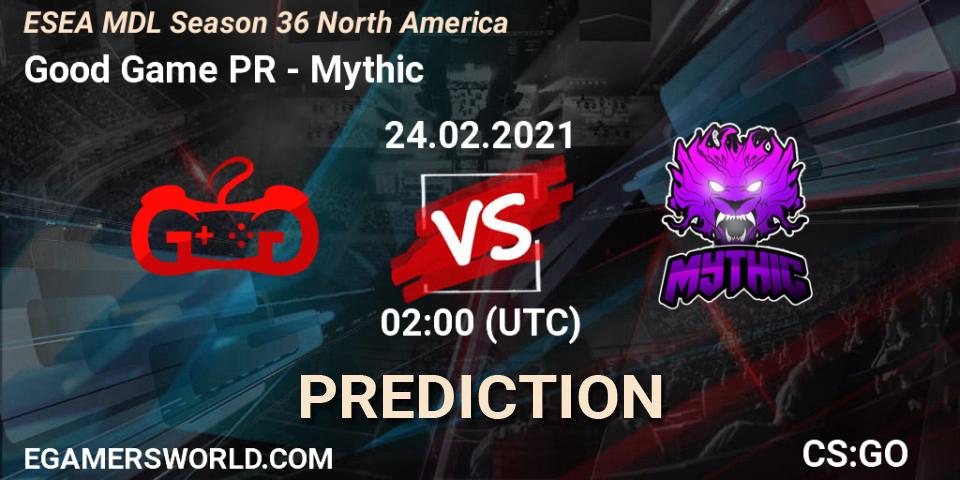 Pronósticos Good Game PR - Mythic. 24.02.2021 at 02:00. MDL ESEA Season 36: North America - Premier Division - Counter-Strike (CS2)