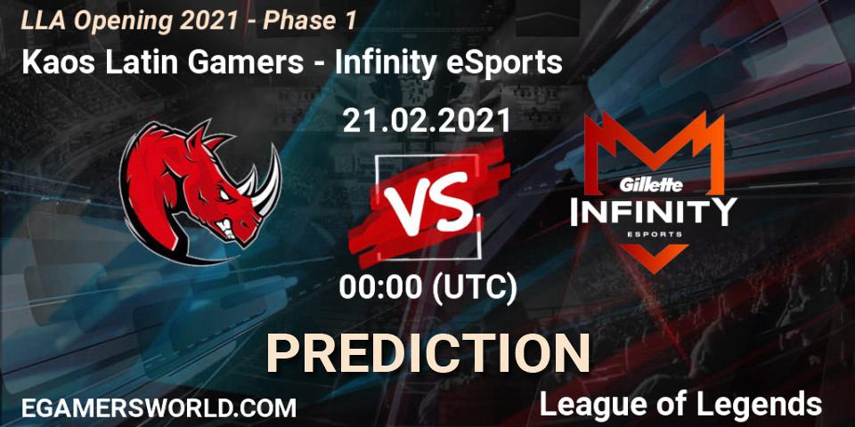 Pronósticos Kaos Latin Gamers - Infinity eSports. 21.02.2021 at 00:00. LLA Opening 2021 - Phase 1 - LoL