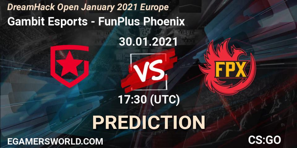 Pronósticos Gambit Esports - FunPlus Phoenix. 30.01.2021 at 18:40. DreamHack Open January 2021 Europe - Counter-Strike (CS2)