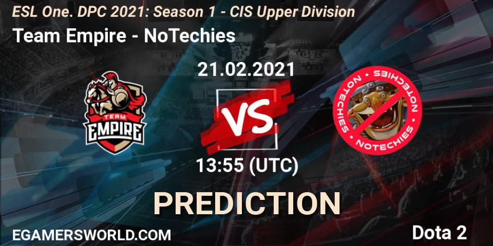 Pronósticos Team Empire - NoTechies. 21.02.2021 at 13:55. ESL One. DPC 2021: Season 1 - CIS Upper Division - Dota 2