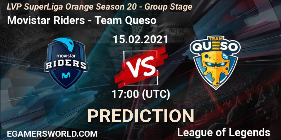 Pronósticos Movistar Riders - Team Queso. 15.02.2021 at 17:00. LVP SuperLiga Orange Season 20 - Group Stage - LoL