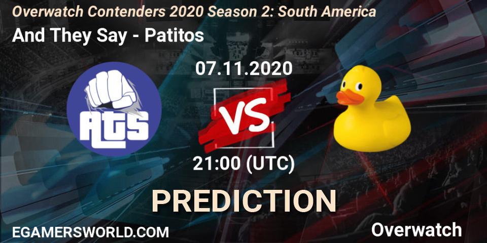 Pronósticos And They Say - Patitos. 08.11.2020 at 00:00. Overwatch Contenders 2020 Season 2: South America - Overwatch