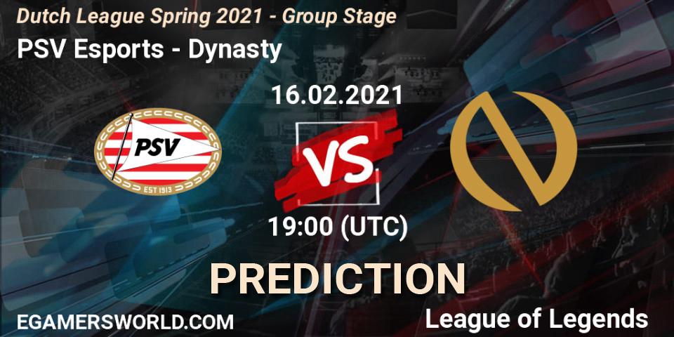 Pronósticos PSV Esports - Dynasty. 16.02.2021 at 19:00. Dutch League Spring 2021 - Group Stage - LoL