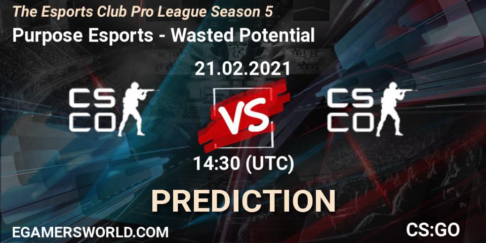 Pronósticos Purpose Esports - Wasted Potential. 21.02.2021 at 12:30. The Esports Club Pro League Season 5 - Counter-Strike (CS2)