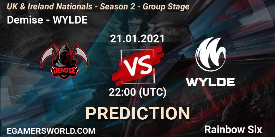 Pronósticos Demise - WYLDE. 21.01.2021 at 22:00. UK & Ireland Nationals - Season 2 - Group Stage - Rainbow Six