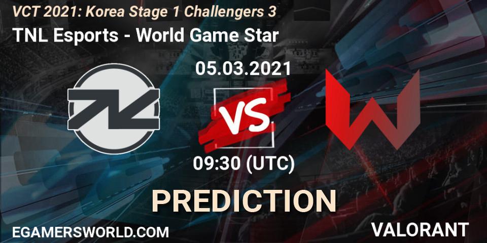 Pronósticos TNL Esports - World Game Star. 05.03.2021 at 09:30. VCT 2021: Korea Stage 1 Challengers 3 - VALORANT