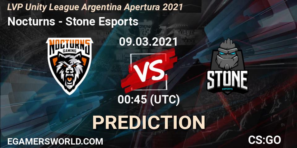 Pronósticos Nocturns - Stone Esports. 09.03.2021 at 00:45. LVP Unity League Argentina Apertura 2021 - Counter-Strike (CS2)