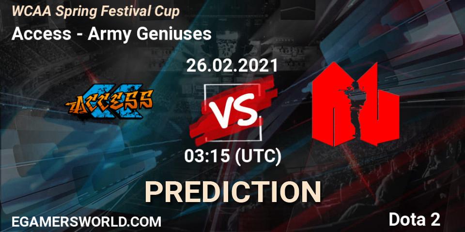 Pronósticos Access - Army Geniuses. 26.02.2021 at 03:32. WCAA Spring Festival Cup - Dota 2
