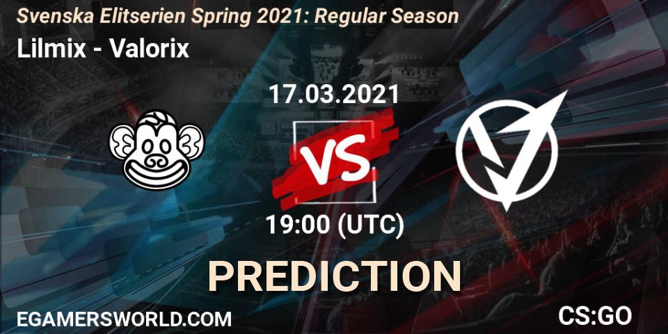 Pronósticos Lilmix - Valorix. 17.03.2021 at 19:00. Svenska Elitserien Spring 2021: Regular Season - Counter-Strike (CS2)