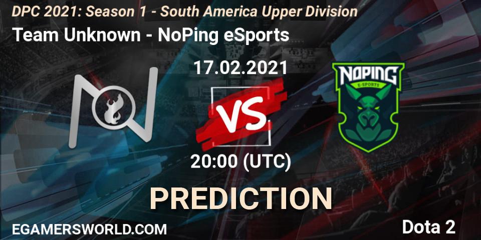 Pronósticos Team Unknown - NoPing eSports. 17.02.2021 at 20:01. DPC 2021: Season 1 - South America Upper Division - Dota 2