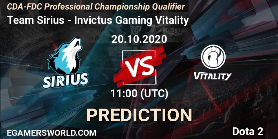 Pronósticos Team Sirius - Invictus Gaming Vitality. 20.10.2020 at 11:12. CDA-FDC Professional Championship Qualifier - Dota 2