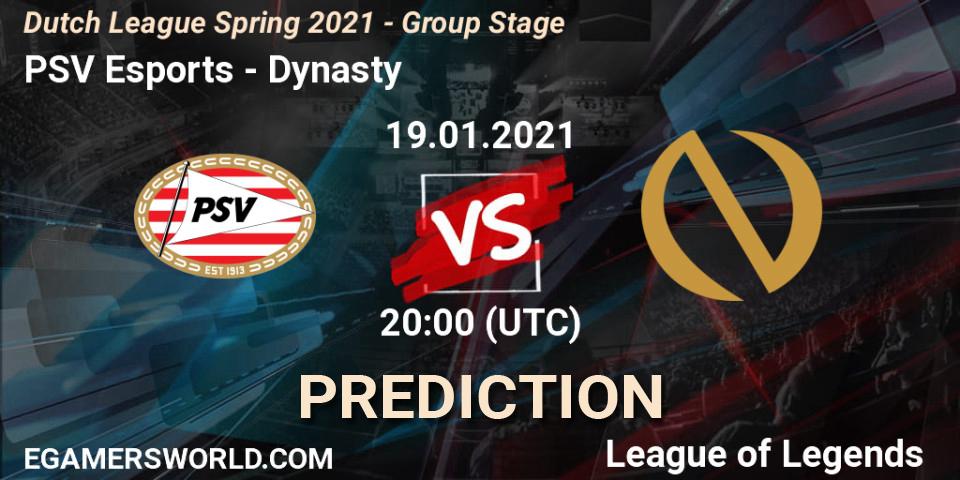Pronósticos PSV Esports - Dynasty. 19.01.2021 at 20:00. Dutch League Spring 2021 - Group Stage - LoL