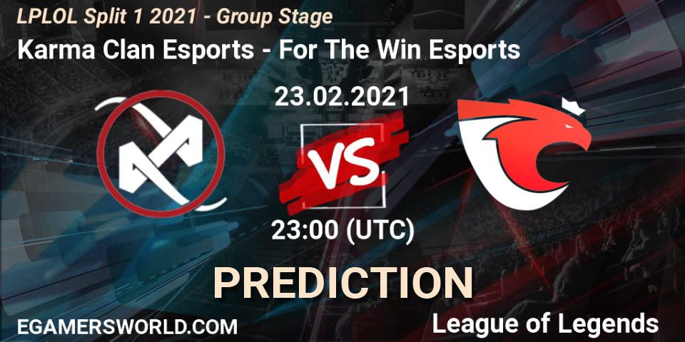 Pronósticos Karma Clan Esports - For The Win Esports. 23.02.2021 at 23:00. LPLOL Split 1 2021 - Group Stage - LoL