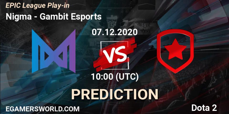 Pronósticos Nigma - Gambit Esports. 07.12.2020 at 16:00. EPIC League Play-in - Dota 2