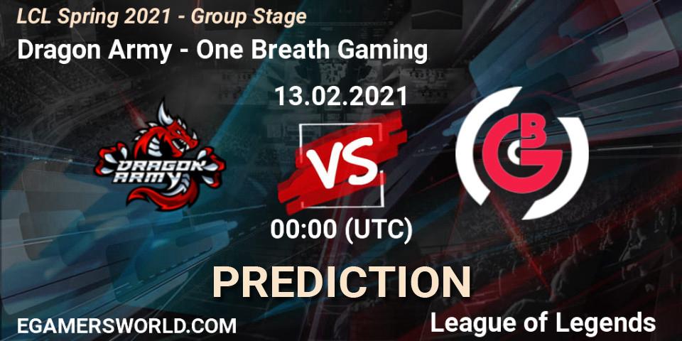 Pronósticos Dragon Army - One Breath Gaming. 13.02.2021 at 14:00. LCL Spring 2021 - Group Stage - LoL