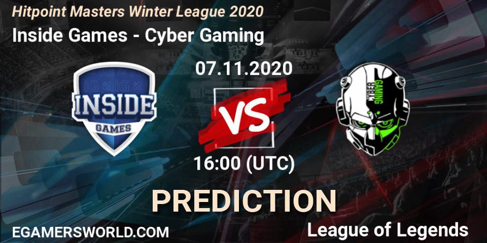 Pronósticos Inside Games - Cyber Gaming. 07.11.2020 at 16:00. Hitpoint Masters Winter League 2020 - LoL