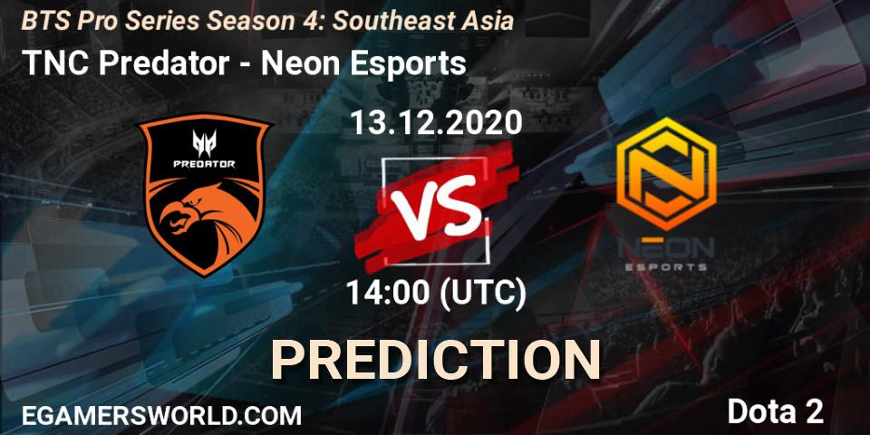 Pronósticos TNC Predator - Neon Esports. 14.12.2020 at 10:35. BTS Pro Series Season 4: Southeast Asia - Dota 2
