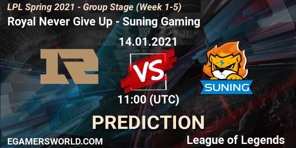 Pronósticos Royal Never Give Up - Suning Gaming. 14.01.2021 at 11:00. LPL Spring 2021 - Group Stage (Week 1-5) - LoL
